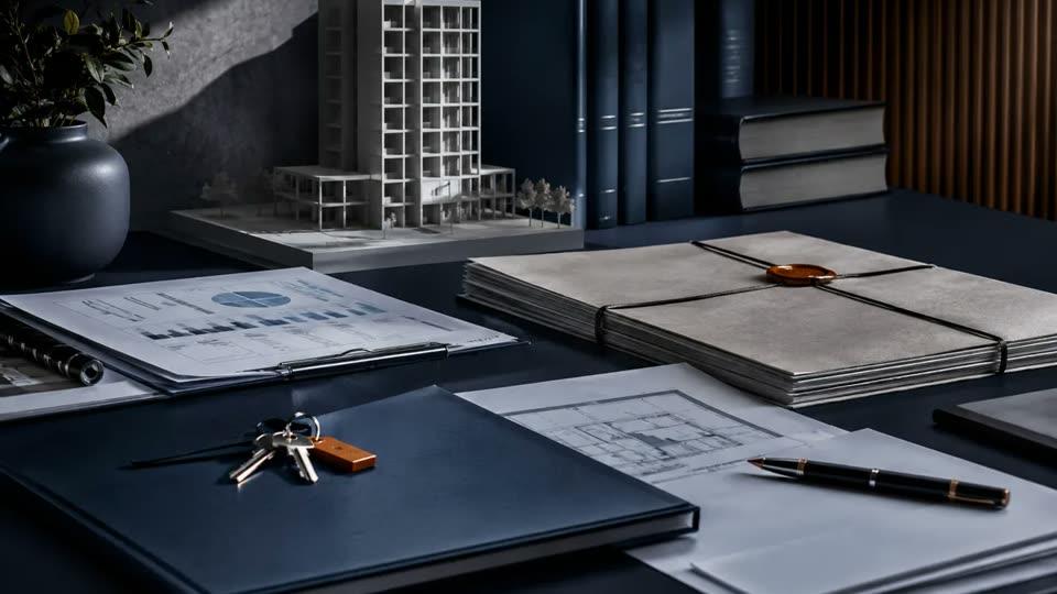 Maquete de prédio, chaves e documentos sobre a mesa