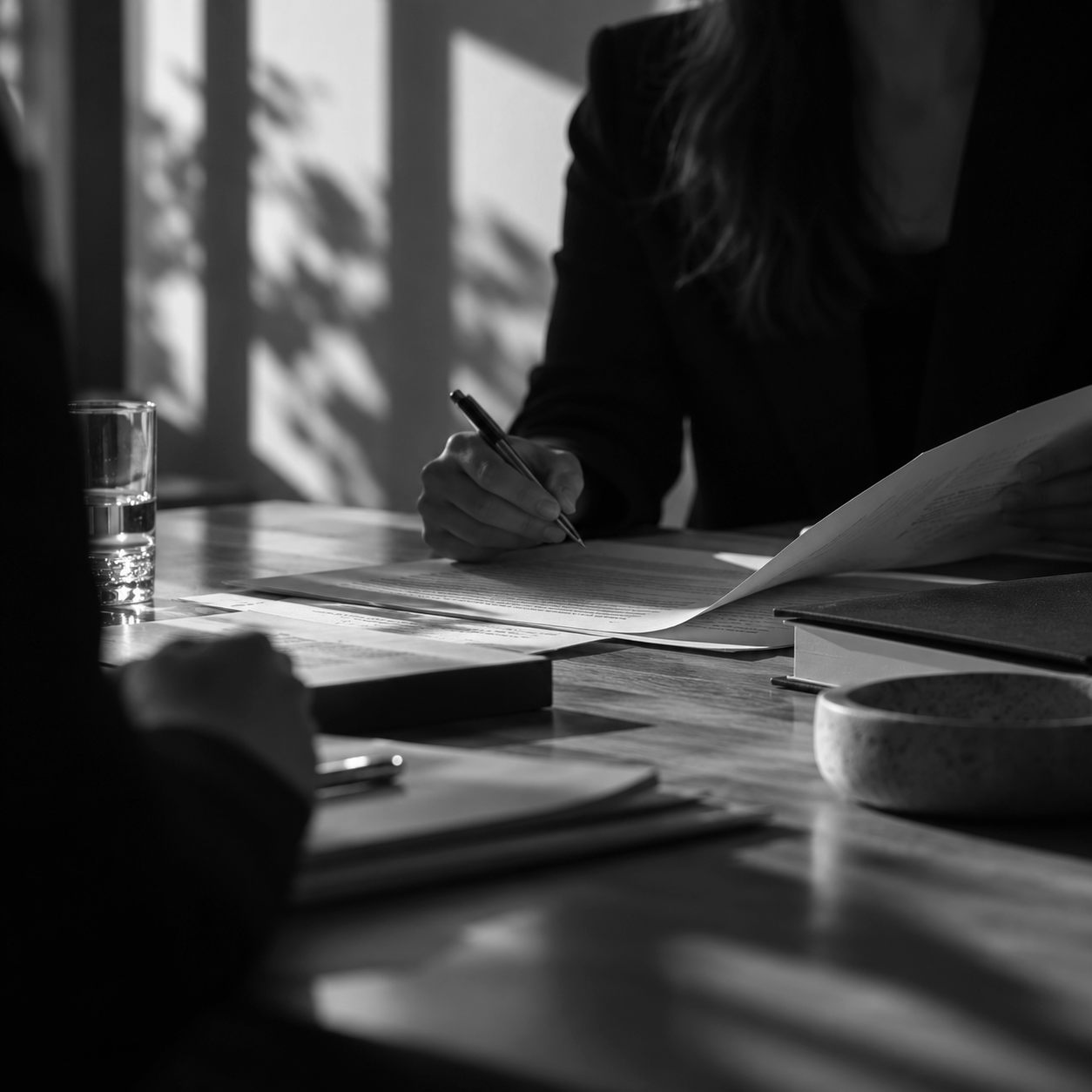 Mão assinando documento sobre a mesa